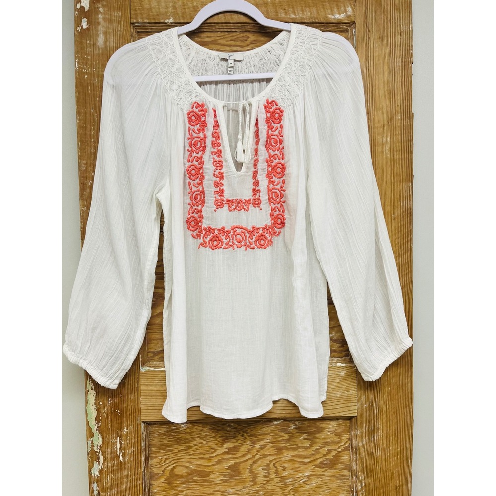 Joie Peasant Blouse M White‎ Cotton Gauze Coral Embroidered Coastal Cottagecore